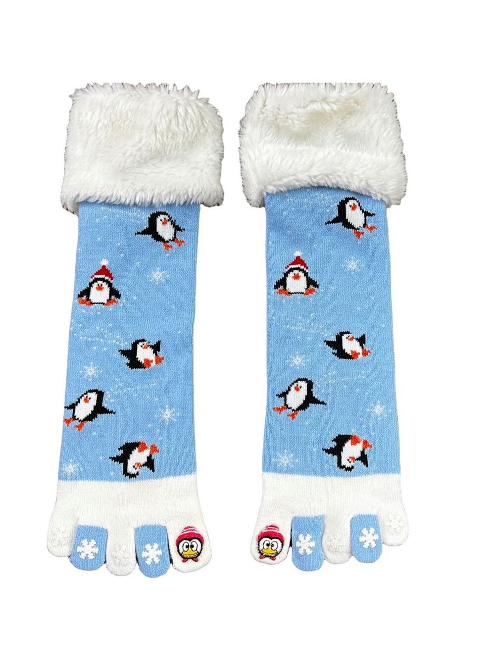 Festive Christmas Penguin Toe Socks in Blue with White Fluffy Fringe Snowflakes